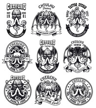 Monochrome Emblems With Cthulhu Head Vector Illustration Set. Vintage Signs Or Stickers With Engraving Myth Creature. Horror And Mythology Concept Can Be Used For Stickers And Badges