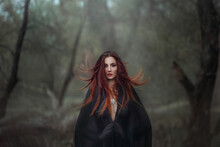 Mysterious Fantasy Gothic Woman Dark Witch Obsessed By Evil. Red-haired Girl Demon In Black Dress Cape Hood. Red Hair Flutters In Wind. Dark Dense Deep Forest Background, Trees. Scleral Lenses On Eyes