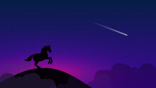 Beautiful Landscape With A Dark Starry Sky And A Shooting Star. On A High Hill Among The Clouds - The Silhouette Of A Horse Standing On Its Hind Legs.