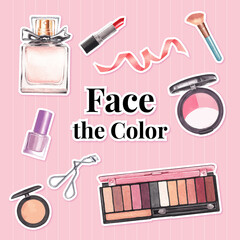 Sticker with makeup concept design for advertise and marketing watercolor vector illustration.