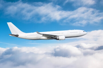 Flying a aircraft over fluffy cumulus clouds, aerial view.