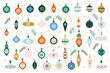 Glass Christmas tree toys. Set of hanging Christmas baubles isolated on white background. Decorative design elements in flat style for new year and holiday.