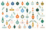 Fototapeta Na ścianę - Glass Christmas tree toys. Set of hanging Christmas baubles isolated on white background. Decorative design elements in flat style for new year and holiday.