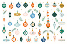 Glass Christmas Tree Toys. Set Of Hanging Christmas Baubles Isolated On White Background. Decorative Design Elements In Flat Style For New Year And Holiday.
