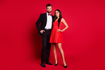 Poster - Full size photo of optimistic couple stand wear vivid dress black suit isolated on red color background