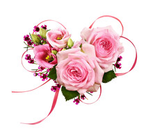 Pink Rose Flowers And Satin Ribbons In A Heart Shape Arrangement