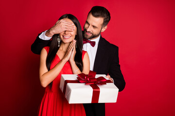 Aufkleber - Photo of nice optimistic couple man close eyes hold gift wear suit dress isolated on red color background