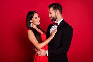 Sticker - Profile photo of optimistic cool couple hug look wear suit dress isolated on red color background