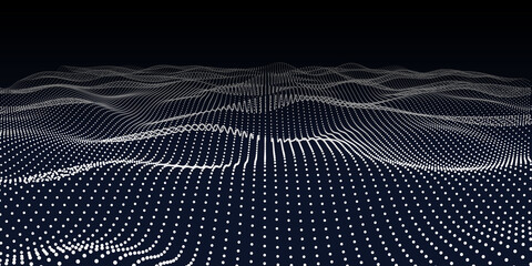 Wall Mural - Abstract background from particle flow in wave lines on dark. Futuristic waveform element. Vector illustration.