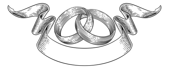 Wall Mural - wedding rings or bands intertwined in a vintage woodcut retro style wedding or engagement invite des