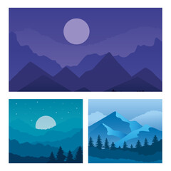 Wall Mural - Landscape of mountains and pine trees frames symbol set design, nature and outdoor theme Vector illustration