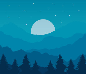 Canvas Print - Landscape of pine trees and moon on blue background design, nature and outdoor theme Vector illustration