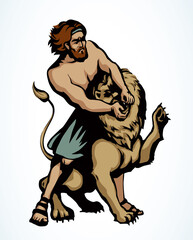 Wall Mural - Samson fights a lion. Vector drawing