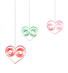 Wall Mural - Quilling paper hearts hanging with string, isolated white