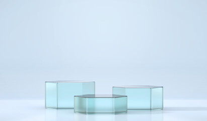 Poster - Blue hexagon stage podium platform for advertising product display background 3d rendering