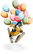 Vector image of a penguin in a comic form on skis with a huge bunch of colorful balls. Cartoon. Concept. EPS 10