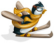 Vector image of a penguin in a comic form with wooden wings and skis rushing towards the goal. Cartoon. Concept. EPS 10