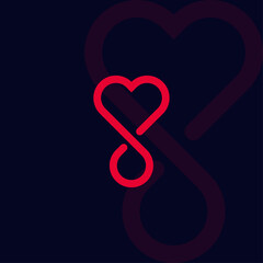 Poster - Blood donation linear style vector logo concept. Blood transfusion isolated red line icon on black background. Heart and drop symbol for charity and medicine graphic