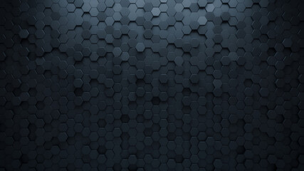 Futuristic, High Tech, dark background, with a hexagonal cellular structure. Wall texture with a 3D hexagon tile pattern. 3D render