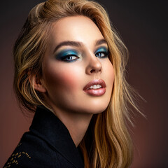 Wall Mural - Portrait of sexy blonde woman with a beautiful face. Fashion model with long hair, studio shot.  Photo of young stylish  woman in black clothes with  blue make-up.