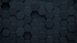 © RocknRoller Studios - Futuristic, High Tech, dark background, with a hexagonal cellular structure. Wall texture with a 3D hexagon tile pattern. 3D render