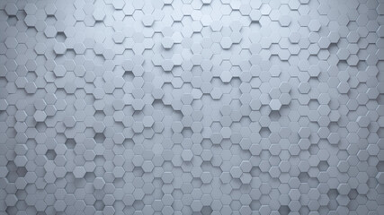 Futuristic, High Tech, light background, with a hexagonal cellular structure. Wall texture with a 3D hexagon tile pattern. 3D render