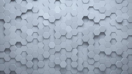Futuristic, High Tech, light background, with a hexagonal cellular structure. Wall texture with a 3D hexagon tile pattern. 3D render