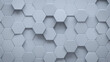 © RocknRoller Studios - Futuristic, High Tech, light background, with a hexagonal cellular structure. Wall texture with a 3D hexagon tile pattern. 3D render