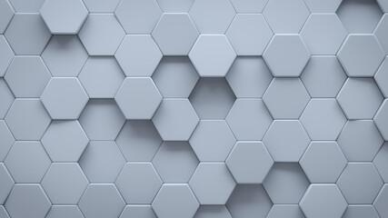 Futuristic, High Tech, light background, with a hexagonal cellular structure. Wall texture with a 3D hexagon tile pattern. 3D render