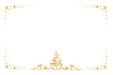 Watercolor Paint Christmas Ornaments Card Frame Pine Center And Stars Gold Metallic Elegant Handmade Painting Bush
