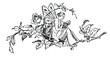 Butteryfly Lady reading a book in vines fairy with wings, black and white.