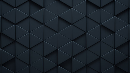 Futuristic, High Tech, dark background, with a triangular block structure. Wall texture with a 3D triangle tile pattern. 3D render