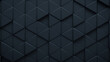 © RocknRoller Studios - Futuristic, High Tech, dark background, with a triangular block structure. Wall texture with a 3D triangle tile pattern. 3D render