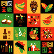 Banner For Kwanzaa With Traditional Colored And Candles Representing The Seven Principles Or Nguzo Saba. Collgage Style.