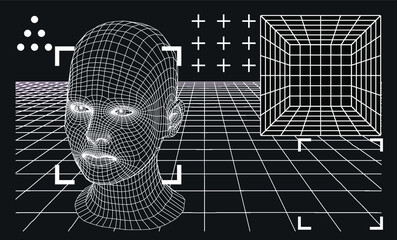 Poster - Artificial Intelligence concept. Android machine head made of pixels.