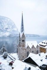 Wall Mural - hallstat village in austria. beautiful village in mountain valley near lake. mountains landscape and