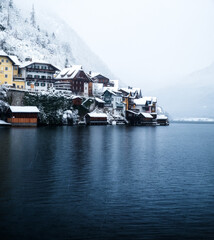 Wall Mural - hallstat village in austria. beautiful village in mountain valley near lake. mountains landscape and