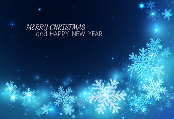 Wall Mural - Happy New Year and Merry Christmas! Background for congratulations with sparkling snowflakes on a blue background. Glow and glitter with a spiral pattern.