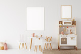 Fototapeta Panele - Frame mockup in child room interior. Nursery Interior in scandinavian style. 3d rendering, 3d illustration	