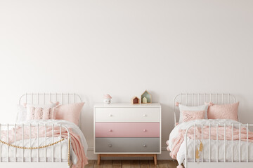 Wall Mural - Wall mockup in child room interior. Nursery Interior in scandinavian style. 3d rendering, 3d illustration	