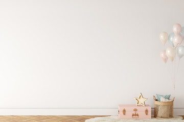 Wall Mural - Wall mockup in child room interior. Nursery Interior in scandinavian style. 3d rendering, 3d illustration	