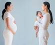 © JGI/Tom Grill/Blend Images - Double exposure of pregnant Asian mother before and after birth of baby