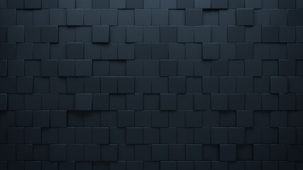Futuristic, High Tech, dark background, with an offset square block structure. Wall texture with a 3D cube tile pattern. 3D render