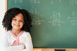 © JGI/Tom Grill/Blend Images - African American student smiling near chalkboard in classroom