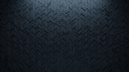 Futuristic, High Tech, dark background, with a herringbone block structure. Wall texture with a 3D parquet tile pattern. 3D render