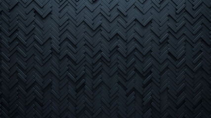 Futuristic, High Tech, dark background, with a herringbone block structure. Wall texture with a 3D parquet tile pattern. 3D render