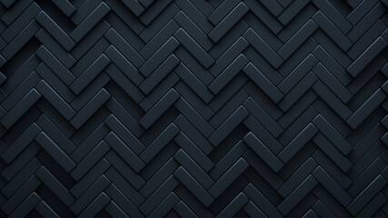 Futuristic, High Tech, dark background, with a herringbone block structure. Wall texture with a 3D parquet tile pattern. 3D render