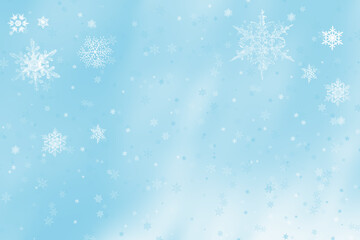 Snow background. Blue Christmas snowfall with defocused flakes. Winter concept with falling snow. Holiday texture and white snowflakes.