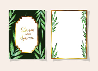 Wall Mural - leaves invitation of black color with green leaves on a beige background