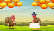 Cartoon Two Turkey Birds In The Green Field Illustration